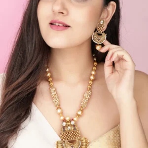 Rubans 22K Gold-Plated White, Red & Green Stone & Gold Pearl Beaded Handcrafted Jewellery Set