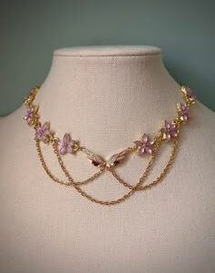 Elegant Pink Floral Butterfly Choker Necklace, Angelic Fairycore Necklace, Gold Regency Princess Choker, Evening/ Party/ Prom Necklaces